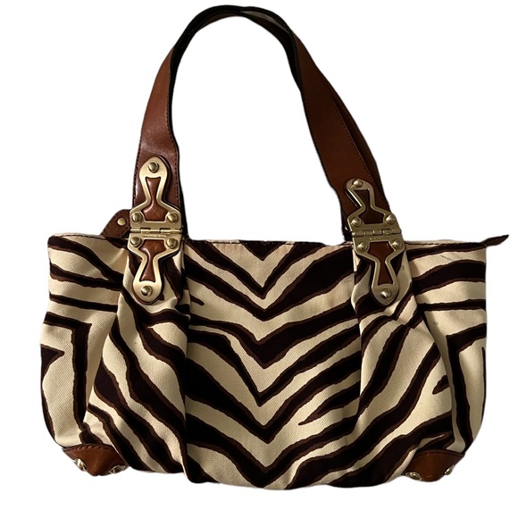 Vintage Michael Kors Zebra Print Bag Leather Canvas Brass/Gold Exterior Hardware - Picture 3 of 12